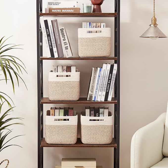 OIAHOMY 4 Pack Storage Baskets for Organizing, Basket for Shelves with Handle, Woven Baskets for Storage Toys, Towels, Books, Cotton Rope Basket 13" L x 9 " W x 7.8 " H, Brown & White