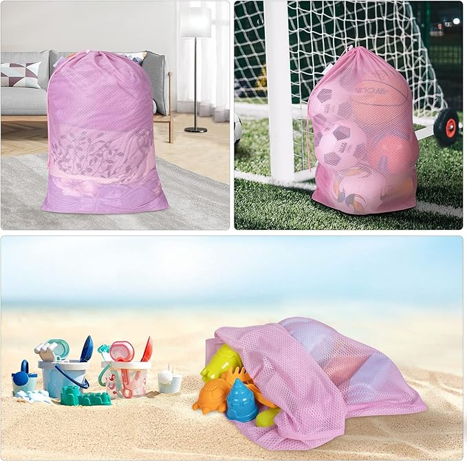 Polecasa Heavy Duty Diamond Large Mesh Laundry Bag with ID Tag and Locking Drawstring Closure - 24 x 36 inches - Laundry Hamper Liner, Washable Laundry Bags for Travel, Sports, Dorms (Pink)