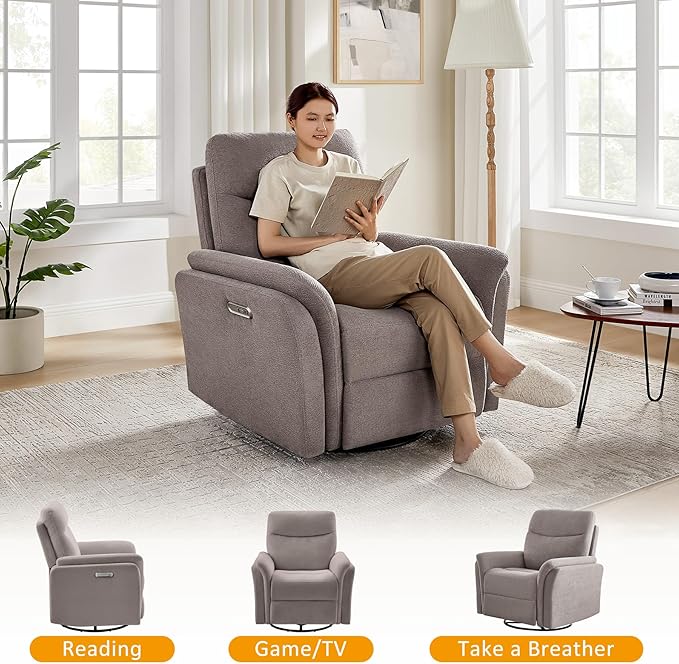 Power Recliner Chair Swivel Glider, Electric Rocking Recliner Chairs with USB and Type-C Ports, Nursery Chair Recliner for Living Room, Bedroom, Apartment（Light Brown）