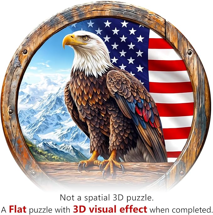 KAAYEE Wooden Puzzles for Adults, 3D Vision Effect Bald Eagle Wooden Jigsaw Puzzle Unique Shape Wood Puzzle Adult, Flat Puzzle Birthday Fathers Family Game (S-8.5 * 8.5in-100pcs)