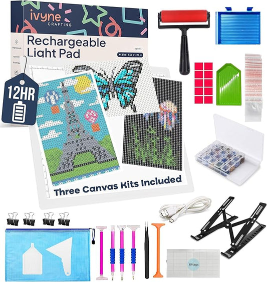 iVyne Rechargeable A4 Light Pad for Diamond Painting & Art Projects – LED Light Board with Diamond Art Accessories – Ultra-Thin & Portable Diamond Dot Light Board, Perfect for Artists - White