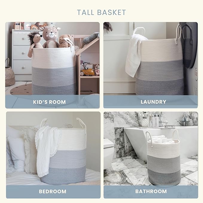 OrganiHaus Gray Nursery Laundry Basket 15x18 | Farmhouse Hamper Basket | Extra Large Storage Basket | Blanket Basket for Living Room | Baby Laundry Hamper | Toy Basket for Kids | Soft Pillow Basket