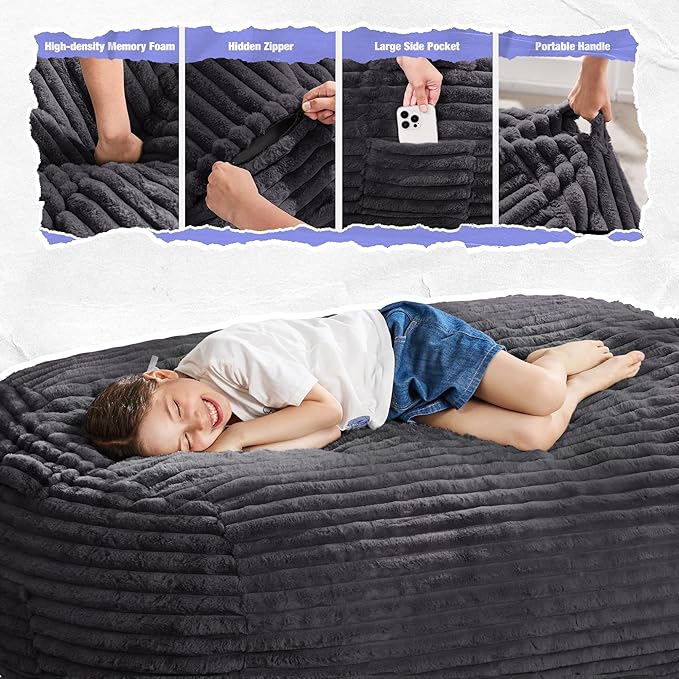 Hobestluk 3FT Bean Bag Chairs Adult Bean Bag with Portable Handle Comfy Large Bean Bag Chair with Removable Cover for Living Room Bedroom or Reading Nook (Stripe Dark Grey, 3FT)