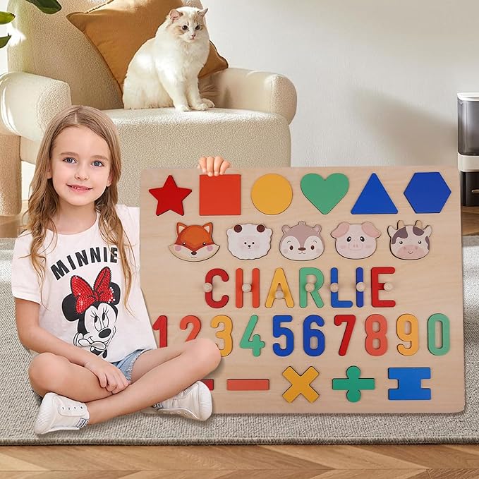 Personalized Name Puzzle for Toddlers 1-3 Wooden Alphabet Shape Number Blocks Personalized Baby Gifts 1st Birthday for Girls & Boys Preschool Educational Montesorri Toys for 1 Year Old 2 3 4 5
