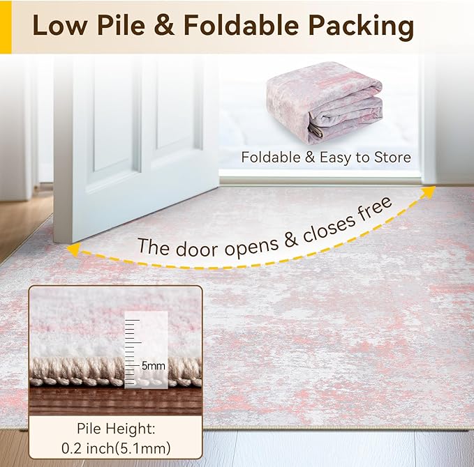 Washable Area Rugs 8'x10' Non-Slip Modern Abstract Soft for Living Room Entryway Bedroom Nursery, Print Pattern, Grey Pink