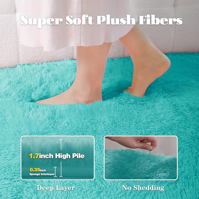 6x9 Area Rug for Living Room: Fluffy Shag Soft Washable Rugs Large Fuzzy Plush Indoor Carpet for Bedroom Nursery Playroom Kids Girls Boys Room (Teal Blue, 6'x9')