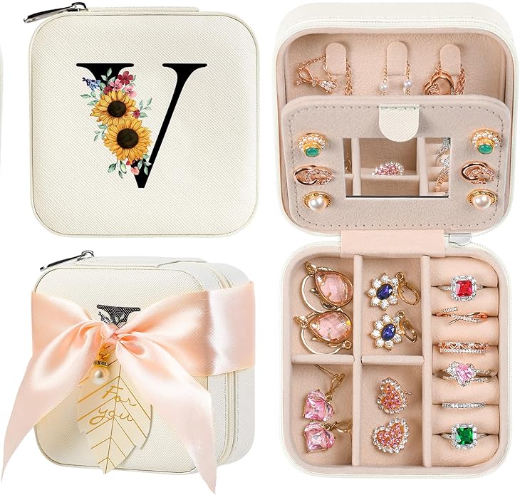 AYGXU Travel Jewelry Box for Women and Girls - Small Case With Initial A-Z - Teacher Gifts