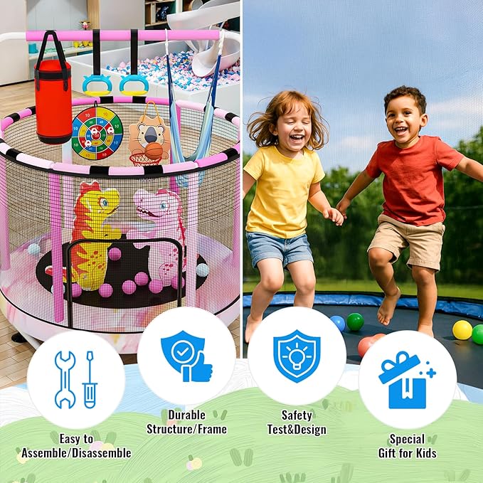 LAMERGE 55" 7-in-1 Round Trampoline for Kids Boys & Girls Ages 1-8, Indoor & Outdoor Trampoline for Fun, Adjustable Height Handrail ＆ Enclosed Safety Net ＆ Durable Designs for Toddlers Children