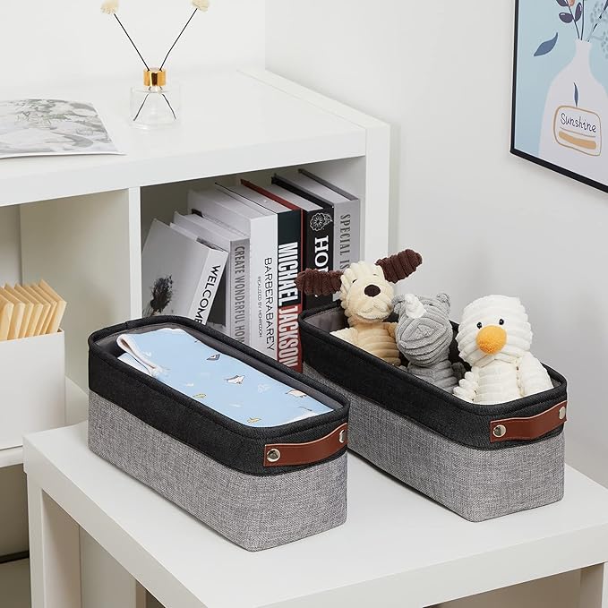 DULLEMELO Small Bathroom Baskets for Toilet Fabric Storage Baskets 2 Pack - 15"x6"x5.5" Foldable Fabric Organizer for Storage Decorative Storage Bins for Home,Closet(Black&Grey)