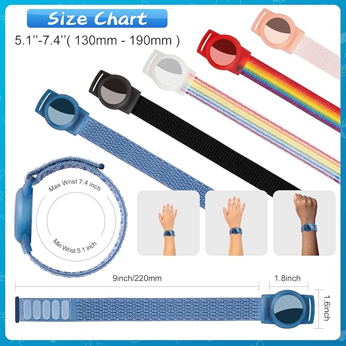 Waterproof Air Tag Bracelet for Kids (4 Pack), Soft Nylon Hidden Air Tag Wristband Full Cover Lightweight GPS Tracker Holder Compatible with Apple AirTag Band for Toddler (Black/Blue/ 2 Rainbow)