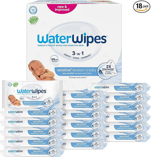 WaterWipes Sensitive+ Newborn & Baby Wipes, 3-In-1 Cleans, Cares, Protects, 99.9% Water, Unscented & Hypoallergenic, 1080 Count (18 Packs)