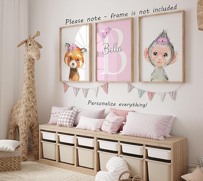 Personalized Safari Animals for Baby Girls Nursery, Set of 3 Unframed Poster Prints, Personalized Name Pink Lilac Floral, Girls Bedroom Decor, Elephant Giraffe (8x10)