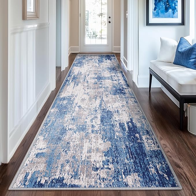 Washable Area Rugs 2'x6' Non-Slip Modern Abstract Soft for Living Room Entryway Bedroom Nursery, Print Pattern, Blue Grey Navy Gray