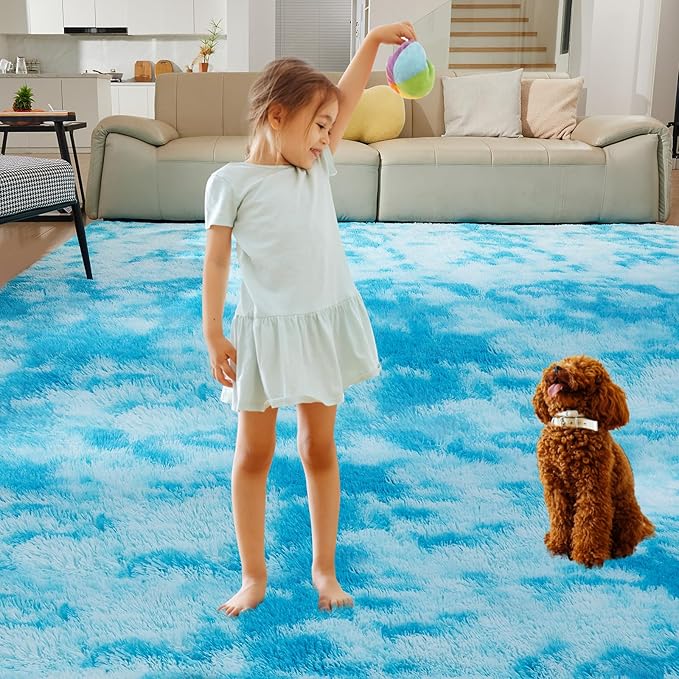 Ultra Soft Rug for Living Room, 3X5 Fluffy Shag Area Rug for Bedroom, Modern Shaggy Carpets Fuzzy Rug for Teens Dorm Nursery Home Decor Aesthetic, Upgrade Anti-Skid Durable, Tie-Dyed Blue