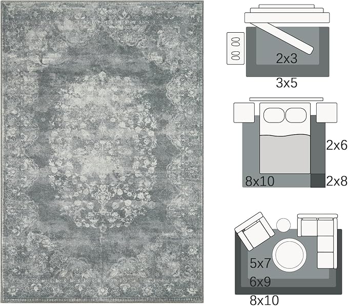 jinchan Vintage Floral 4x6 Area Rugs - Machine Washable Distressed Design Soft Ultra-Thin Low-Pile Non-Slip Carpet for Entryway Kitchen Bedroom Nursery Living Room Dining Room (4x6ft,Grey)