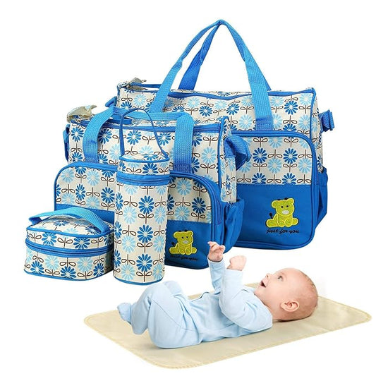 Moclever Diaper Bag Tote Set, 5PCS Baby Bags for Mom and Dad – Large Maternity Travel Bag with Insulated Bottle Holder, Food Bag & Portable Changing Pad, Waterproof Baby Essentials Organizer (Blue)