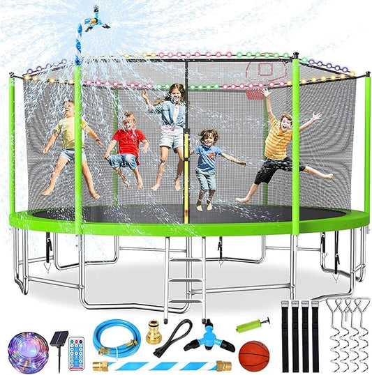 Upgraded 10/12/14/15/16FT Trampoline Outdoor, Large Kids Trampoline with Light, Stakes, Sprinkler, Backyard Trampoline with Basketball Hoop and Net, Capacity for 4-6 Kids and Adults