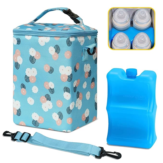 Breast Milk Cooler Bag with Ice Pack - Fits 4 Bottles Up to 9 Oz - Insulated Bag for Nursing Moms, Daycare, Travel