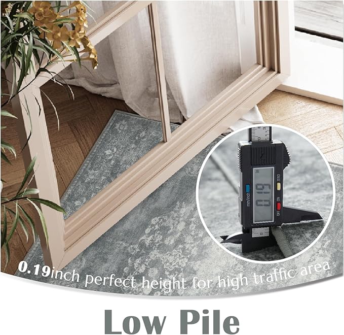 jinchan Vintage Floral 5x7 Area Rugs - Machine Washable Distressed Design Soft Ultra-Thin Low-Pile Non-Slip Carpet for Kitchen Bedroom Nursery Living Room Dining Room Home Office (5x7ft,Grey)