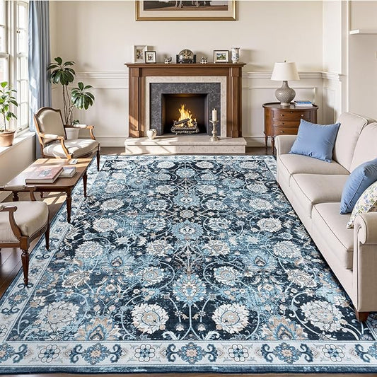 Blue 9x12 Area Rugs for Living Room, Washable Large Rug, Vintage Floral Soft Carpet, Non Slip & Low Pile, Wool Carpets for Indoor Bedroom Dining Home Playroom Office Under Table, Blue Garden