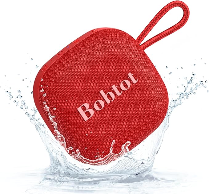 Bobtot Portable Bluetooth Speakers Wireless - IPX7 Waterproof Shower Speaker with 16 Hours Playtime, Loud Stereo Sound, TWS, Built-in Mic, Mini Size with Lanyard to Carry, Red