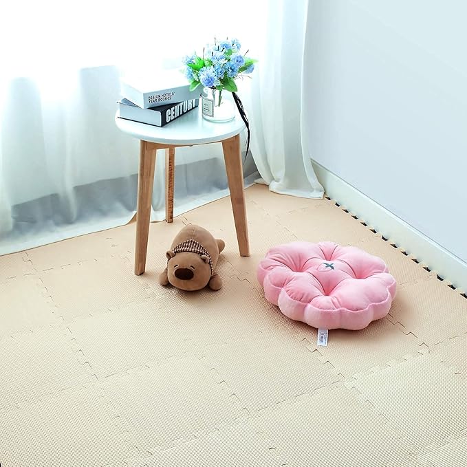 qqpp EVA Rubber 18 Tiles Interlocking Puzzle Foam Floor Mats - Baby Play Mat for Playing | Exercise Mat for Home Workout. Beige. QC-Jb18N
