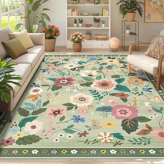Floral 6x9 Area Rug Machine Washable Soft Print Boho Carpet Non Slip Doormat Low Pile Flower Area Rugs for Living Room Bedroom Nursery Kitchen Dining Room Indoor-Light Green