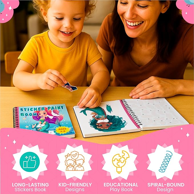 BulbaCraft 4Pcs Sticker Paint Books for Girls - Sticker Books by Number with Mermaids, Princesses, Animals and Unicorns - Coloring Activity for Kids