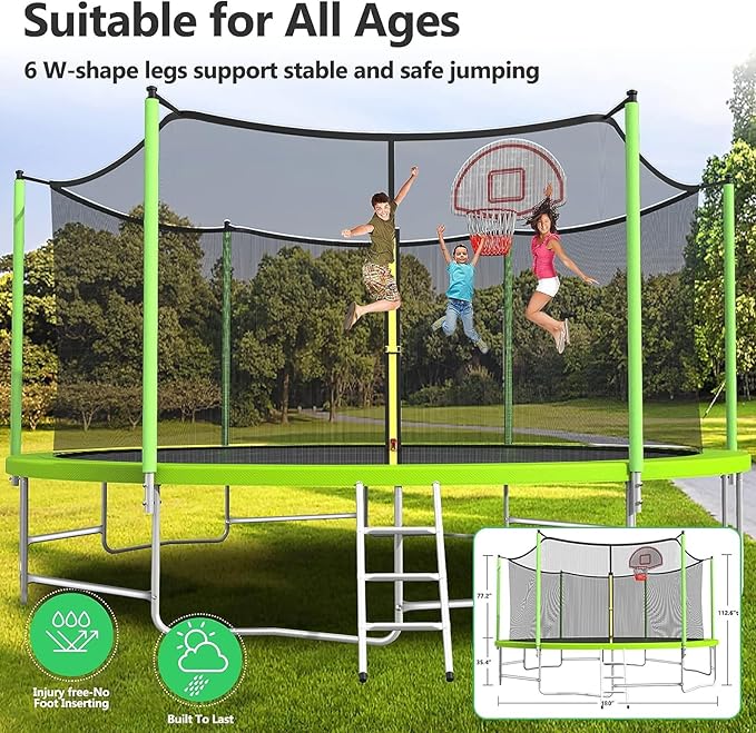 Upgraded 10/12/14/15/16FT Trampoline Outdoor, Large Kids Trampoline with Light, Stakes, Sprinkler, Backyard Trampoline with Basketball Hoop and Net, Capacity for 4-6 Kids and Adults