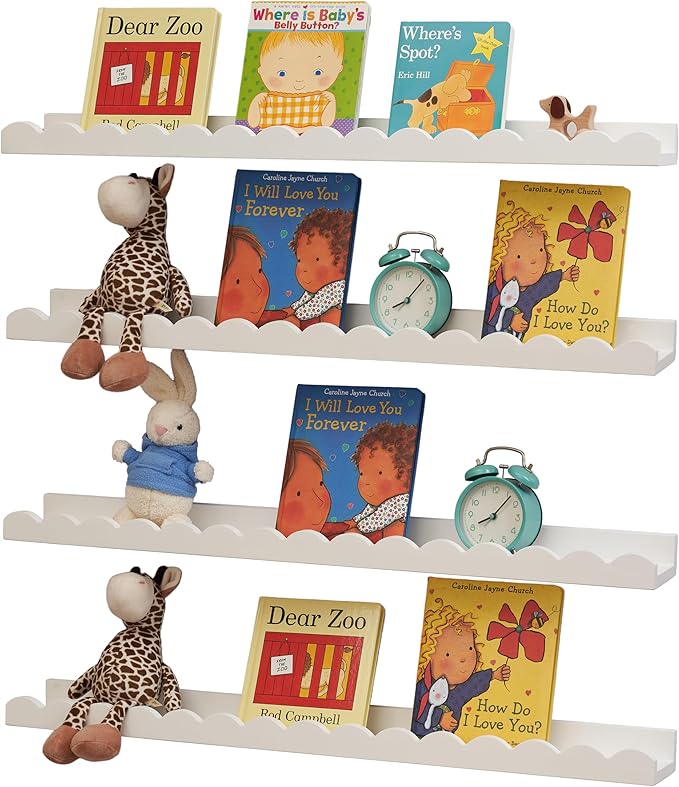 Scalloped Baby Book Shelf,Floating Shelves for Wall Set of 4 Solid Pine Wood Nursery Bookshelves with Wave Lip for Bedroom Kids, Toddler Room, Baby Room, Nursery Decor(White,60cm)