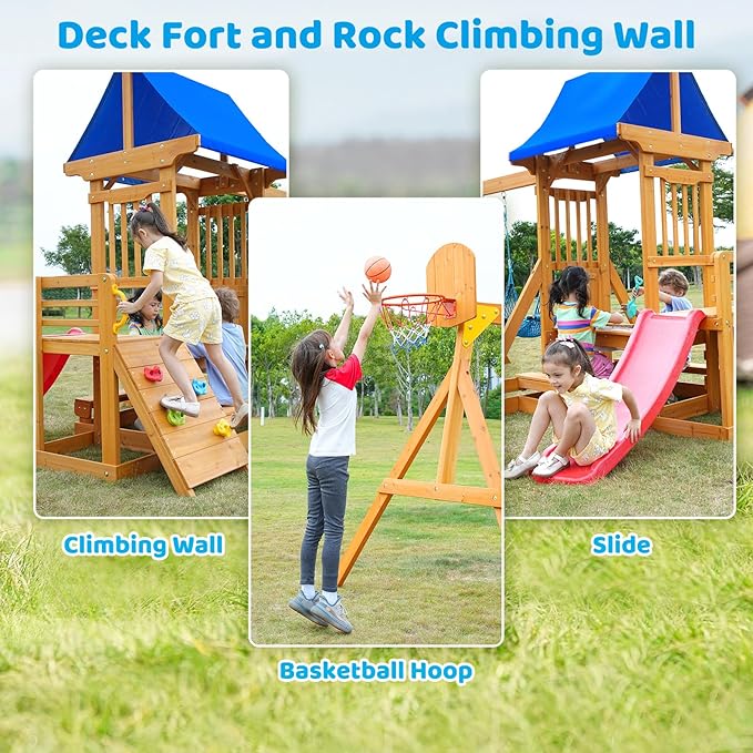 Kids Swing Sets for Backyard, Wooden Playground Sets for Ages 3-6 with a Wave Slide, Rock Climbing Wall, Sandbox, 2 Swings, and More,6-in-1 Outdoor Playset