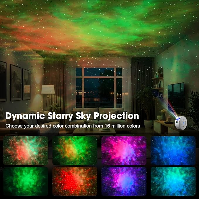 Laser Safety Certified Starry Sky Projector, 3+1 Control Modes 16M Color Adjustable Nebula via Mobile App, 900 Sq.ft Coverage, 4 Custom Scenes, 25dB Silent Operation with 4 Positioning Angles