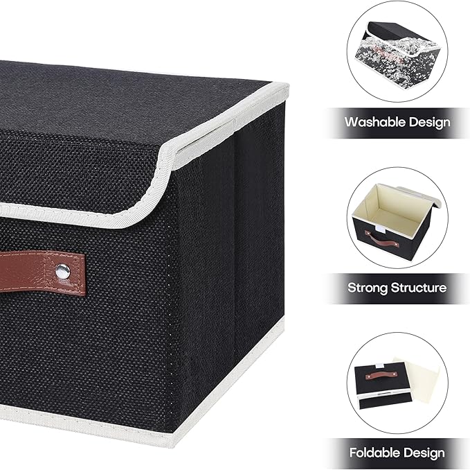 ANMINY 2PCS Storage Bins with Lid PU Leather Handles Storage Boxes PP Plastic Board Decorative Foldable Lidded Cotton Linen Fabric Home Cubes Baskets Closet Organizer Containers - Black, Small Size