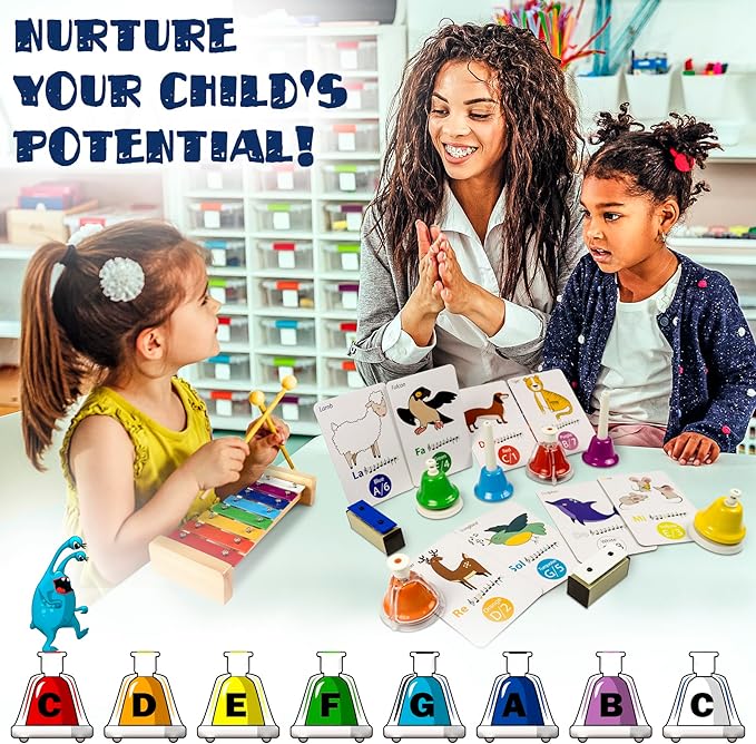 MINIARTIS Desk Bells for Kids | Educational Music Toys for Toddlers 8 Notes Colorful Hand Bells Set | Kids Musical Instrument with 15 Songbook | Great Birthday Gift for Children
