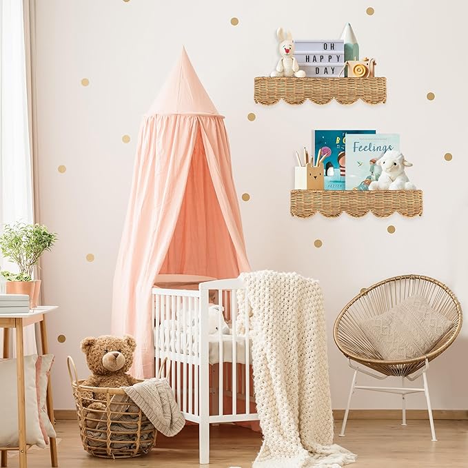 Nursery Book Shelves Set of 2 - Artisanal Natural Rattan Scalloped Book Shelf for Kids Rooms 15.8" W, Cute Wicker Nursery Bookshelf Wall Mounted, Handwoven Floating Kids Bookshelf, Baby Boho Decor