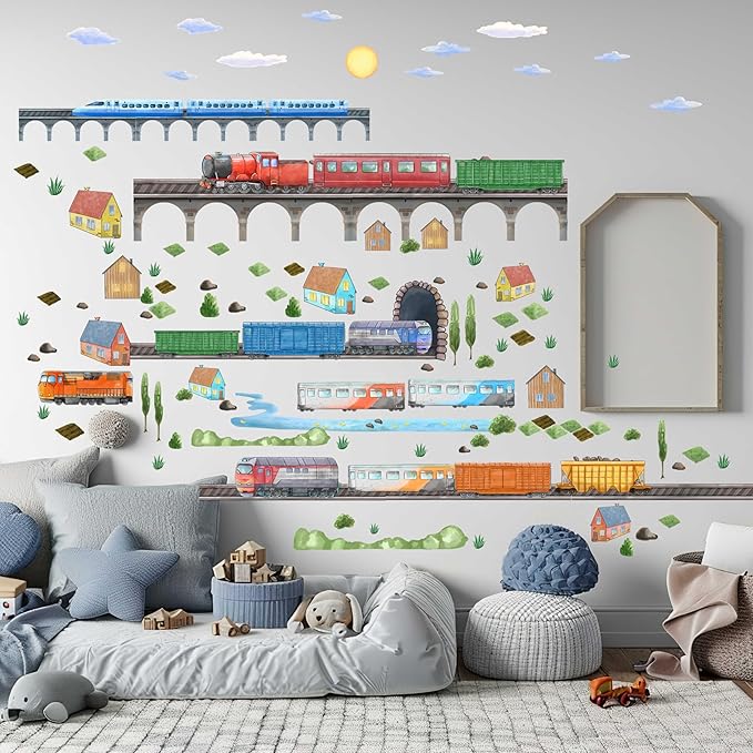 Train Wall Decals for Kids by Lipastick - Educational Railroad Wall Stickers for Boys and Girls - Peel and Stick Locomotive, Carriage, Wagon Wall Decals for Nursery, Playroom, Bedroom Decor -XXL Size