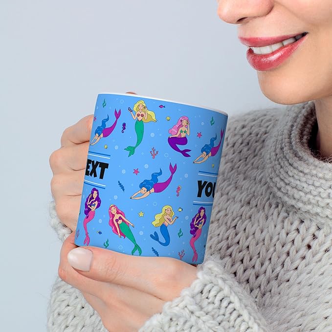 Personalized Mug for Kids - Mermaids - Custom Name/Text, Ceramic Hot Chocolate/Cocoa/Coffee Cup for Girls, Birthday/Christmas/Holiday Gift - 11 oz, White Handle
