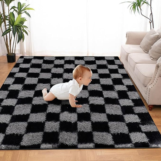 Super Soft Rug for Bedroom, 5x7 Ft Grey and Black Area Rug Classic Checkered Shaggy Rug Anti-Skid High Pile Soft Fluffy Fuzzy Carpet for Living Room Bedroom Kids Room Nursery, Dorm Home Decor