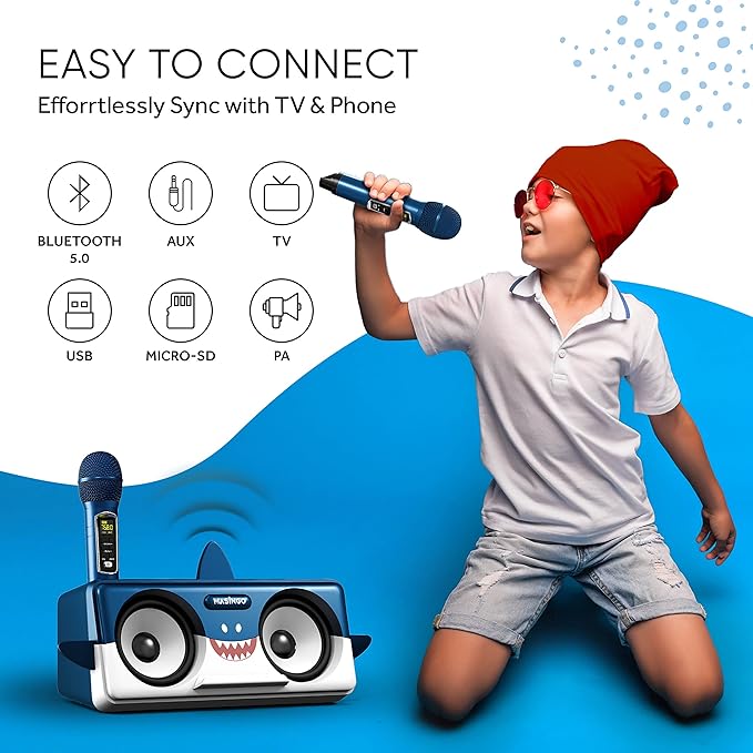 MASINGO Shark Karaoke Machine for Kids, Children and Toddlers with 2 Wireless Bluetooth Microphones, Portable PA Speaker Includes Lyrics Display Phone Holder, TV Cable and Singer Vocal Removal Mode