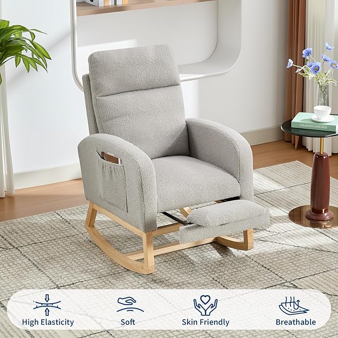 Rocking Chair Nursery, Nursing Rocking Chairs with Foot Rest for Mom Nursery, Rocker Glider Chair with High Backrest for Living Room, Bedroom, Upholstered Lounge Chair with Solid Wood Base for Relaxin