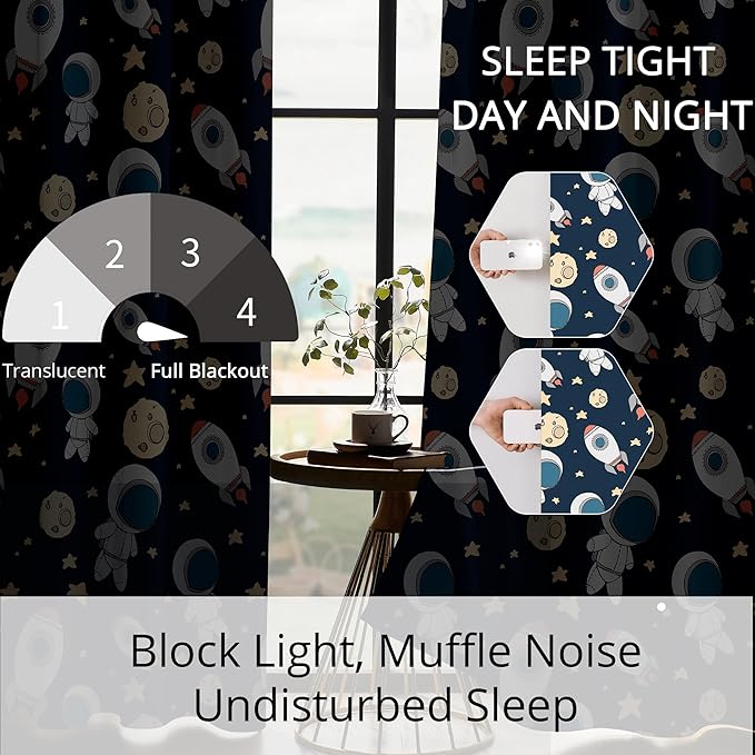 Kids Space Astronaut Planets Rockets Blackout Curtains - 100% Blackout, Thermal Insulated, Noise Reducing, for Kids Room and Nursery, 2 Panels (Astro Buddy Rockets, W52×L63)