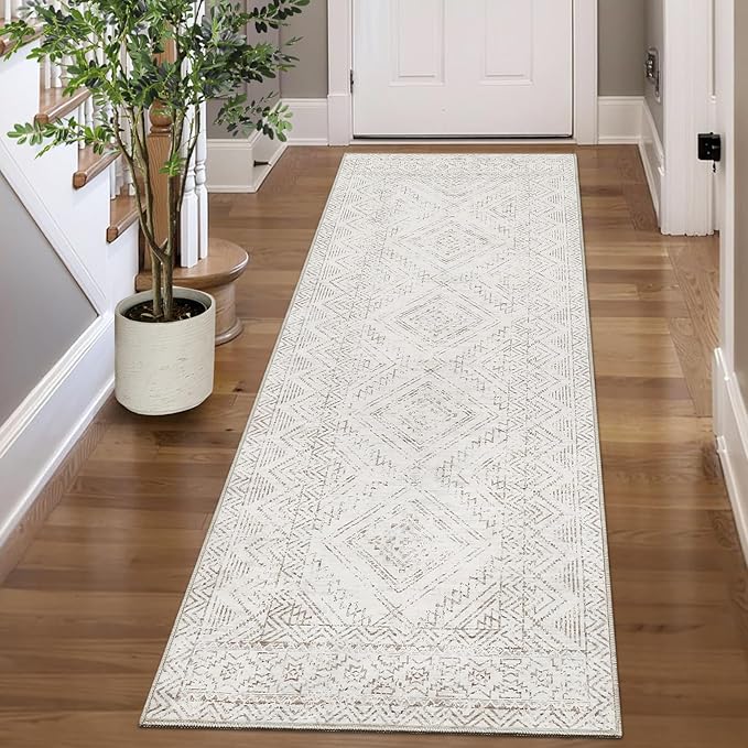 COZYLOOM Runner Rug 2x6 Living Room Washable Rugs Stain Resistant for Bedroom Soft Floor Carpet Non Slip Distressed Geometric Carpet for Dining Room Laundry Room Office, Ivory