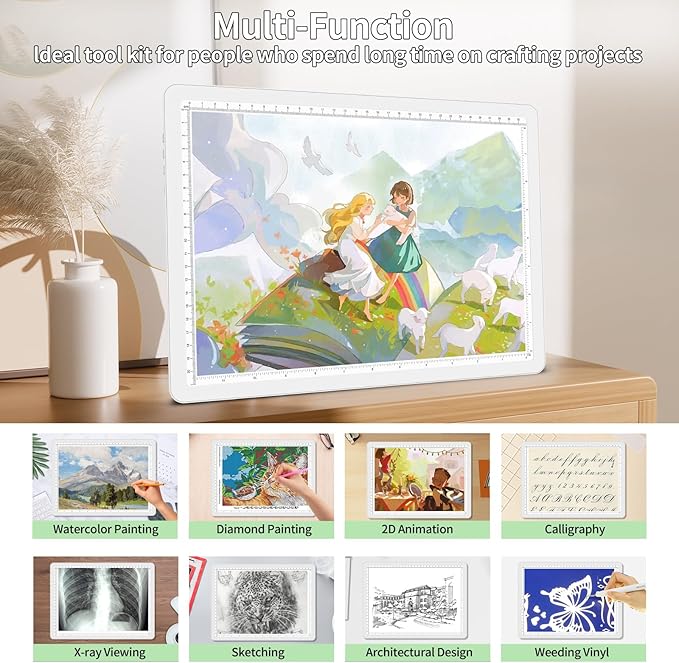 Phylosal Rechargeable A4 Light Pad with Carry Bag, Ultra-Thin Magnetic Tracing Light Box for Drawing, Diamond Art Painting Light Board with Side Button, Super Bright Light Table for Sketching (White)