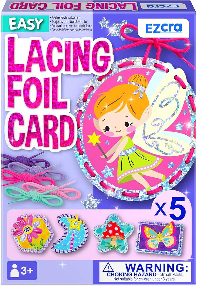 EZCRA Premium Foil Edge Lacing Cards for Kids Ages 3-6 | 5 Double-Sided Fairy Sewing Cards with Multilingual Learning | Durable Cardboard Fine Motor Skills Activity Kit