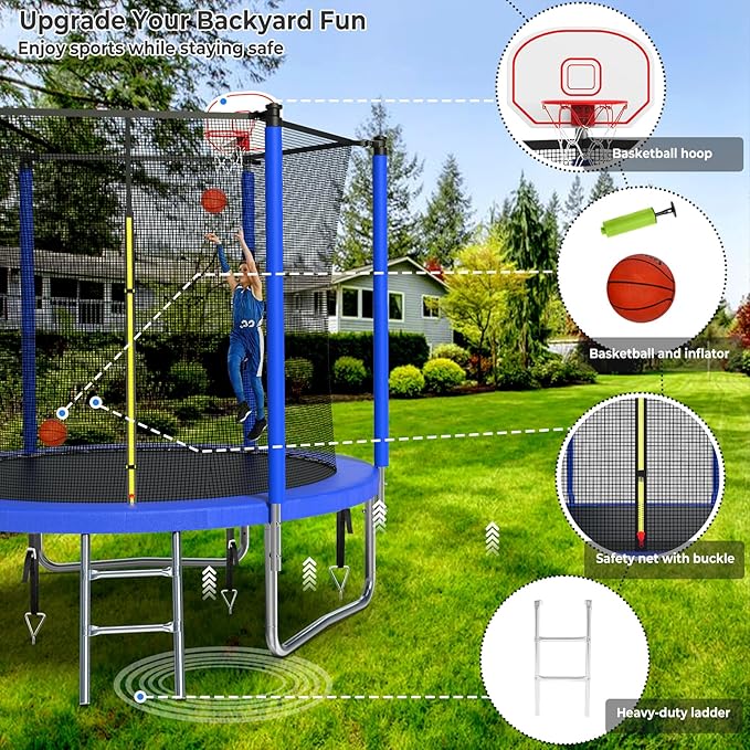 Upgraded 16FT 15FT 14FT 12FT 10FT 8FT Trampoline Outdoor with Basketball Hoop and Net, Capacity for 4-6 Kids and Adults