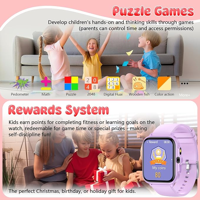 Smart Watch for Kids, 1.85" Fitness Tracker Pedometer Watch, Health, Sleep Monitor, Puzzle Games, Alarm Clock, Camera, Music Player, Torchlight, Activity, Gift Toys for 4 - 13 Years Old Boys and Girls