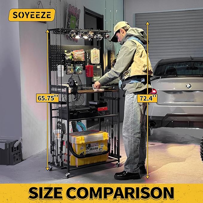 SOYEEZE Fishing Rod Holders for Garage,Fishing Gear Holder for Fishing Rod Tackle Box Storage，Fishing Pole Holders for 12 Rods with Hooks and Pegboard,Fishing Cart with Reel Rack