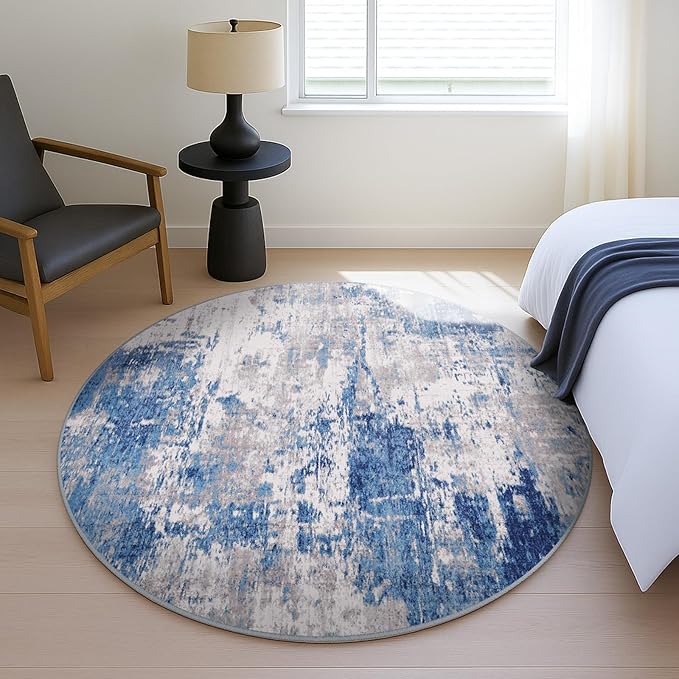 Washable Area Rugs 4ft Non-Slip Modern Abstract Soft for Living Room Entryway Bedroom Nursery, Print Pattern, Blue Grey Navy Gray