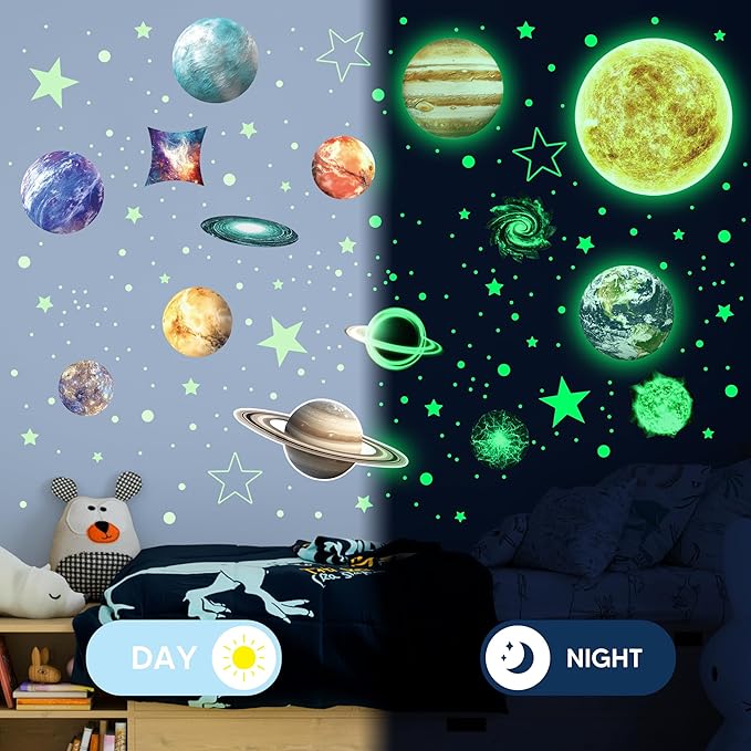 Glow in The Dark Stars and Planets for Ceiling, Glow Solar System Wall Stickers, Space Wall Decals for Kids Boys Room (Green)