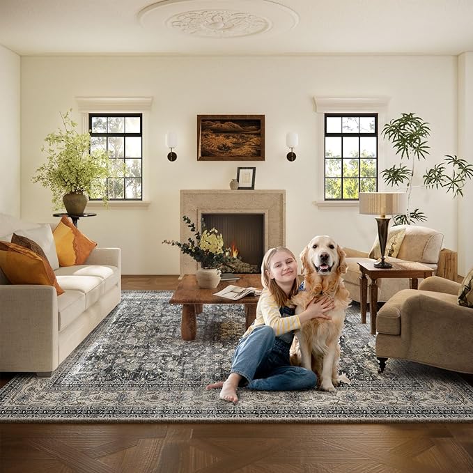 Machine Washable Rugs for Living room: 8x10 bedroom Rug Vintage Boho Area Rug Stain Resistant Non Slip Low Pile Lightweight Soft Carpets for Living room Dining Room Kitchen Nursery Kids Room Farmhouse